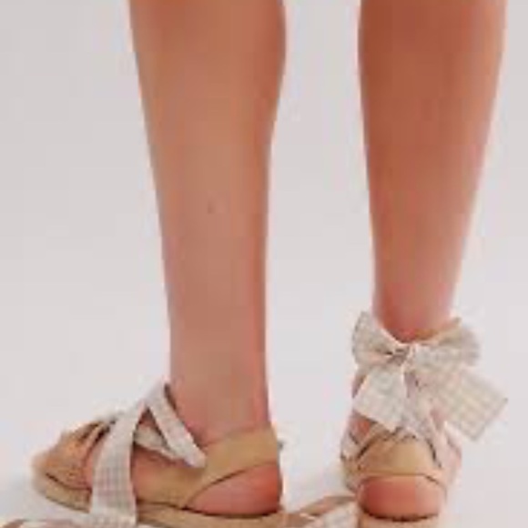 Free People Go For Gingham Wrap Sandals Natural Espadrille Tie Up Shoes Women’s - Picture 2 of 12
